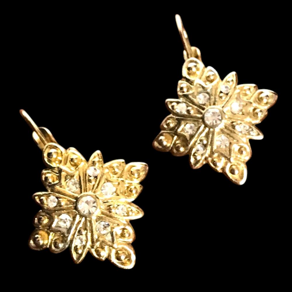 Ornate gold tone and rhinestone french hook earrings